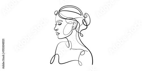 Minimalist continuous line drawing of a woman's profile and shoulders on a white background. Vector, illustration