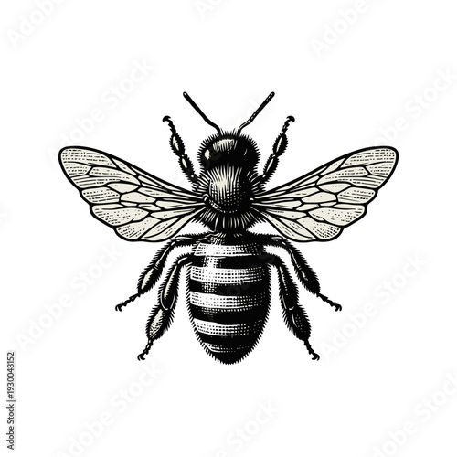 Vintage Engraving of a Honey Bee Isolated on White Background