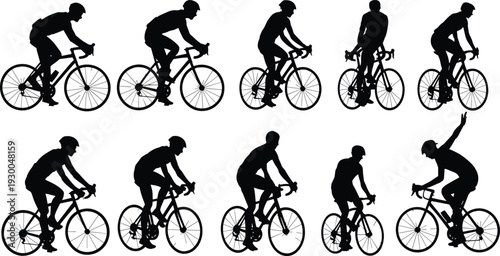Collection of cycling silhouettes, professional road bike riders in different poses, black cyclist figures isolated on white background vector