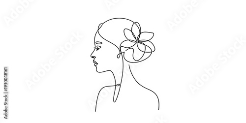 Minimalist continuous line drawing of a woman's side profile with a flower in her hair. Vector, illustration