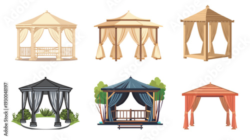 Gazebo with drapes vector icon, elegant outdoor pavilion flat illustration with clean shapes isolated on white background
