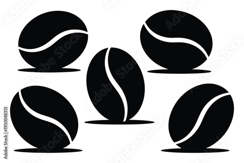 Five stylized black coffee beans with white curved lines on a white background