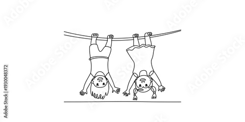 A simple line drawing of a young boy and girl hanging upside down from a bar on a white background. Vector, illustration
