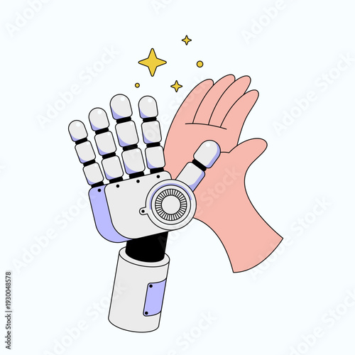 AI collaboration concept. Robot and human hand high five represent synergy between man and machine flat design style