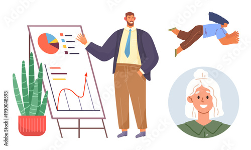 Business, teamwork, leadership, creativity, data analysis, growth. Professional presenting charts and graphs, team members brainstorming and diverse portraits. Business and teamwork concept