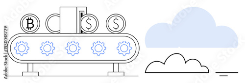 Cryptocurrency concept. Cryptocurrency symbols on a conveyor with blockchain elements and cloud technology. Cryptocurrency, blockchain security, and financial automation. For fintech, blockchain