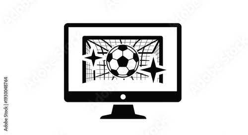 Computer monitor displaying a successful soccer goal with a ball hitting the net, perfect for digital sports content.