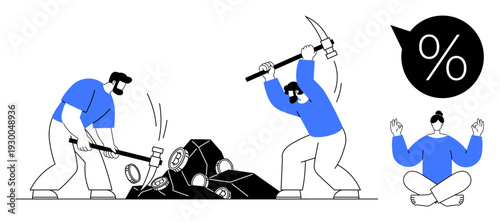 Economic strain, stress management, financial burden, productivity, mindfulness, workplace pressure. Workers using tools break rocks under financial symbol. Financial stress and stress relief concept