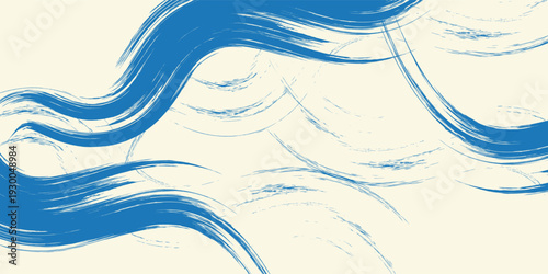 Grunge grainy blue brush stroke with spray texture. Hand drawn distress damaged vintage banner with zigzag bold line. Rough thick brush stroke texture. Spray paint effect vector background.