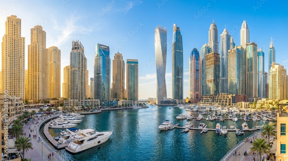 Fototapeta premium Panoramic View Dubai Marina Modern City Skyscrapers Yachts