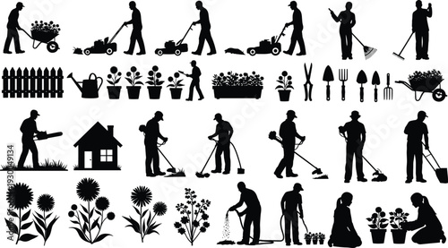 Gardening silhouettes set, gardeners mowing lawn planting flowers and landscaping isolated on white background collection