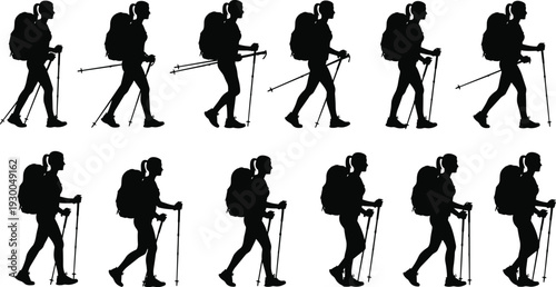 Female hiker silhouettes set, woman backpacker trekking with poles isolated on white background outdoor adventure collection