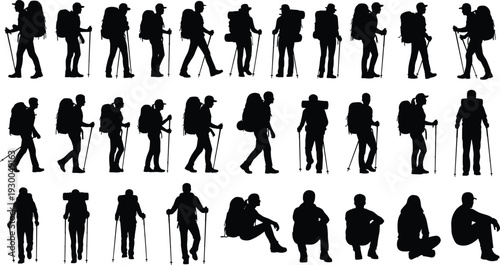 Hiker silhouettes collection, backpackers trekking with walking poles isolated on white background outdoor adventure set