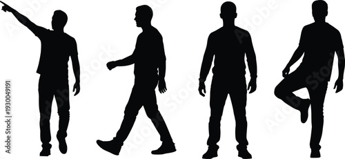 Male silhouette poses set, young man standing and walking isolated on white background casual people collection