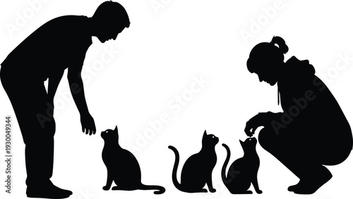 People feeding cats silhouette set, man and woman caring for pets isolated on white background