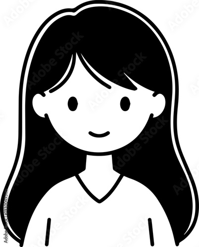Hand Drawn Cute Cartoon Girl Black and White Avatar Illustration in Minimal Line Art Style Design