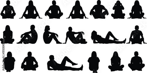 People sitting on floor silhouettes set, men and women relaxing isolated on white background collection