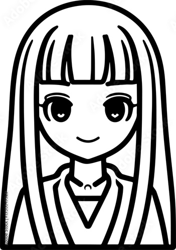Hand Drawn Cute Cartoon Girl Black and White Avatar Illustration in Minimal Line Art Style Design
