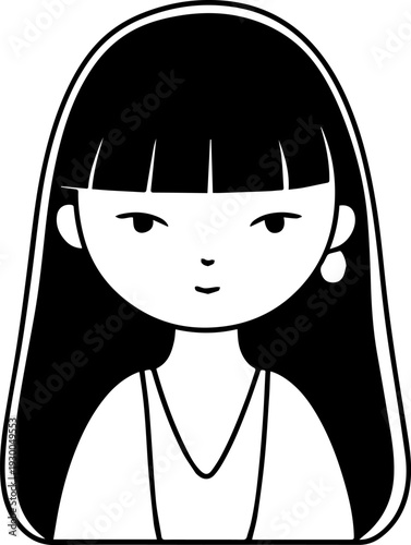 Hand Drawn Cute Cartoon Girl Black and White Avatar Illustration in Minimal Line Art Style Design