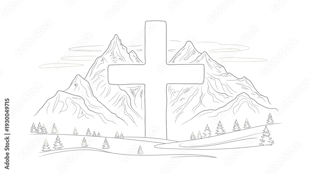 Naklejka premium Large Christian Cross Standing Tall Against Majestic Mountain Landscape Minimal Line Art Vector on White Background.
