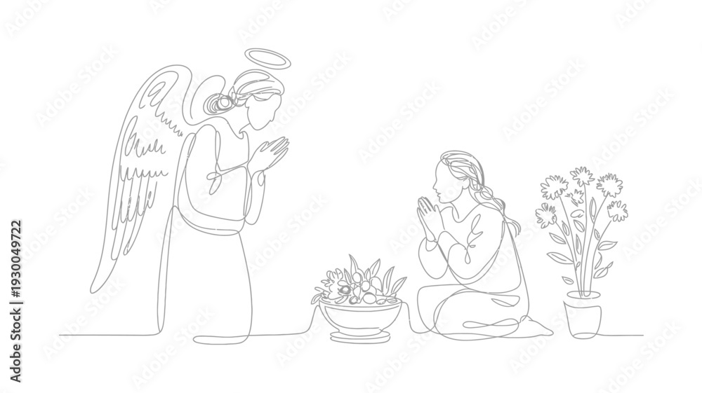 Obraz premium Angel Appearing to Praying Woman Spiritual Biblical Symbolic Minimal Line Art Vector Illustration on White Background.