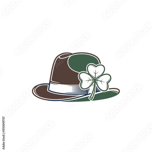 Brown hat with shamrock pin.