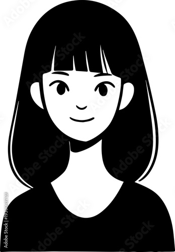 Hand Drawn Cute Cartoon Girl Black and White Avatar Illustration in Minimal Line Art Style Design