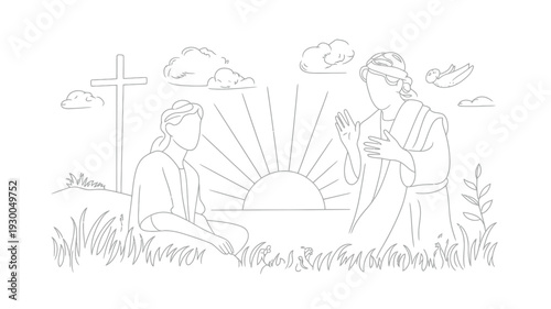 Biblical Landscape Scene with Two Figures Cross and Sunrise Christian Religious Continuous Line Art Vector on White Background.