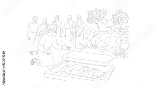 Biblical Scene of Jesus Raising Lazarus from the Tomb Christian Miracle Detailed Line Art Vector Illustration on White Background.