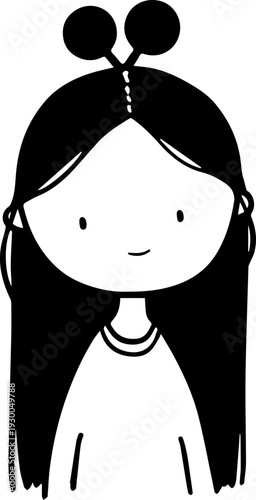 Hand Drawn Cute Cartoon Girl Black and White Avatar Illustration in Minimal Line Art Style Design