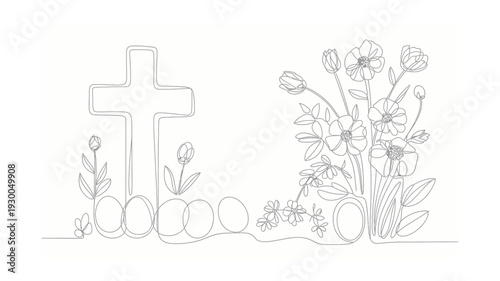 Continuous Line Easter Cross Decorated with Flowers and Eggs Holiday Vector Illustration on White Background.