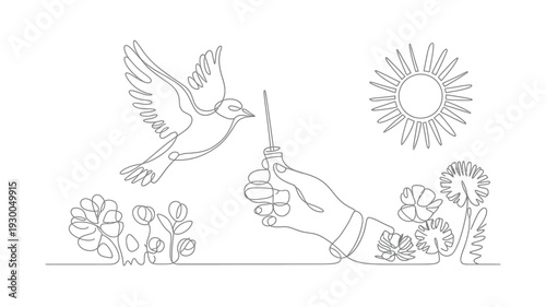 Continuous Line Hand Releasing Peace Dove Toward Sun and Flowers Symbolic Vector Illustration on White Background.
