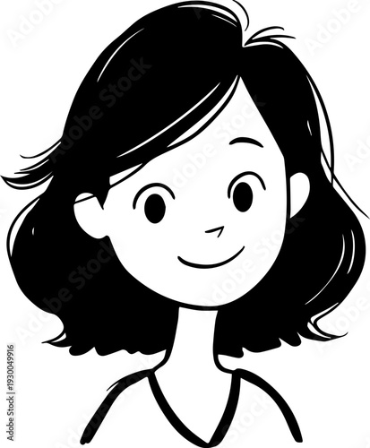 Hand Drawn Cute Cartoon Girl Black and White Avatar Illustration in Minimal Line Art Style Design