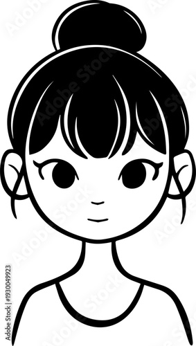Hand Drawn Cute Cartoon Girl Black and White Avatar Illustration in Minimal Line Art Style Design