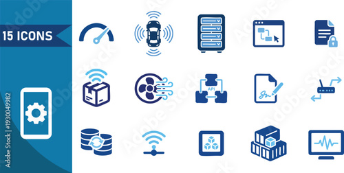 Set of 15 blue technology icons vector