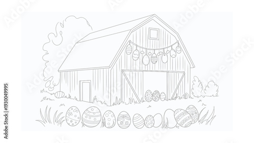 Rustic Easter Barn Coloring Page with Decorated Eggs and Festive Garland Line Art on White Background.
