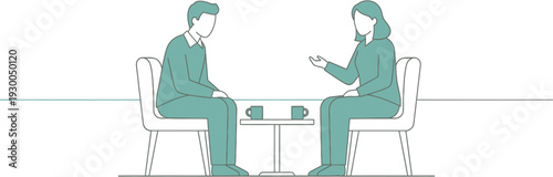 Illustration of a man and woman sitting at a table with coffee cups, engaged in conversation