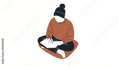 Comfortable Young Person Engaged in Creative Writing or Studying Activity While Sitting Cross-Legged on a Cushion, Fostering Education and Personal Growth
