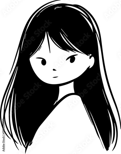Hand Drawn Cute Cartoon Girl Black and White Avatar Illustration in Minimal Line Art Style Design