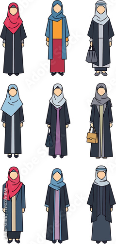 A vibrant collection of diverse Muslim women showcasing various styles of traditional Islamic clothing, including hijabs and abayas, representing cultural fashion and modesty across different regions