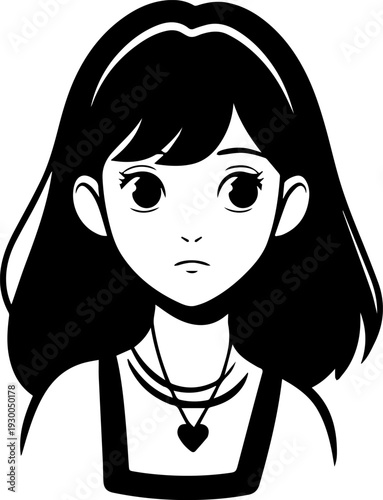 Hand Drawn Cute Cartoon Girl Black and White Avatar Illustration in Minimal Line Art Style Design