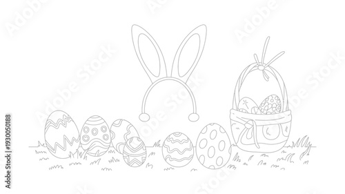 Fun Easter Egg Hunt Coloring Page with Bunny Ears and Basket Clean Line Art on White Background.