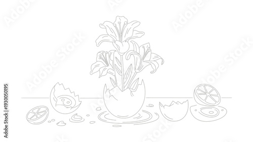 Detailed Easter Egg Still Life with Lilies and Citrus Slices Outline Vector on White Background.