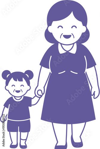 An endearing illustration of a cheerful grandmother and her joyful granddaughter walking together, hand in hand, symbolizing strong family ties and happiness