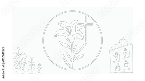 Easter Lily Flower and Christian Cross Symbolizing Resurrection and Faith Line Art on White Background.