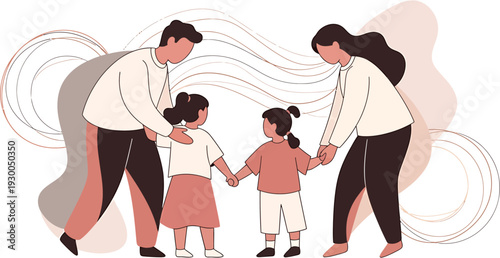 Stylized illustration of a loving family holding hands, depicting unity, support, and care among parents and children in a harmonious modern graphic design concept