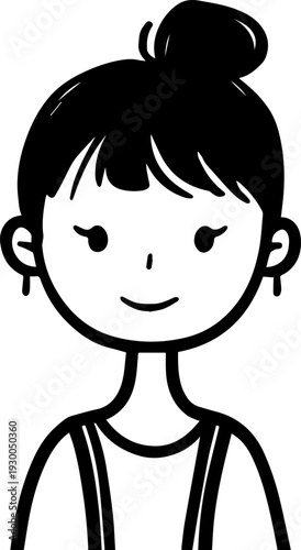 Hand Drawn Cute Cartoon Girl Black and White Avatar Illustration in Minimal Line Art Style Design