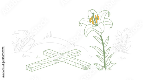 Easter Lily and Wooden Cross Symbolizing Resurrection Hope and Faith Line Art on White Background.