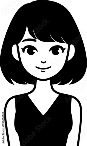 Hand Drawn Cute Cartoon Girl Black and White Avatar Illustration in Minimal Line Art Style Design