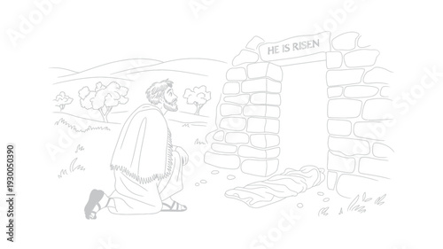 Easter Scene of Devout Man Kneeling Before Empty Tomb with He Is Risen Message.